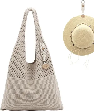 Crochet Tote Bag with Macrame Hat Clip for Travel Women Summer Beach Bag Aesthetic Knit Bag Cute Shoulder Bags