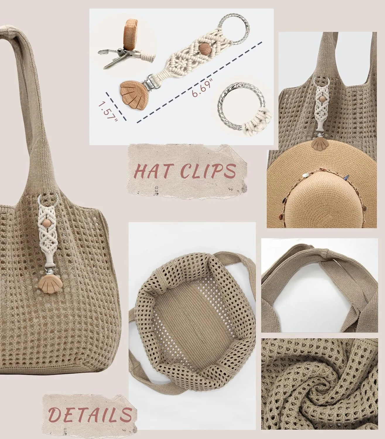 Crochet Tote Bag with Macrame Hat Clip for Travel Women Summer Beach Bag Aesthetic Knit Bag Cute Shoulder Bags