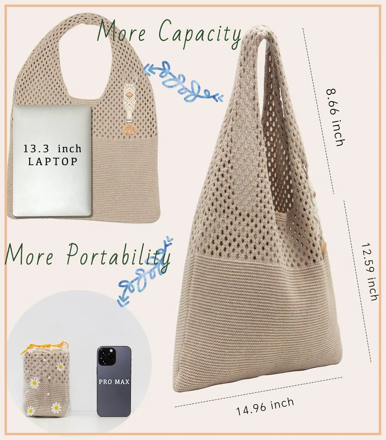 Crochet Tote Bag with Macrame Hat Clip for Travel Women Summer Beach Bag Aesthetic Knit Bag Cute Shoulder Bags