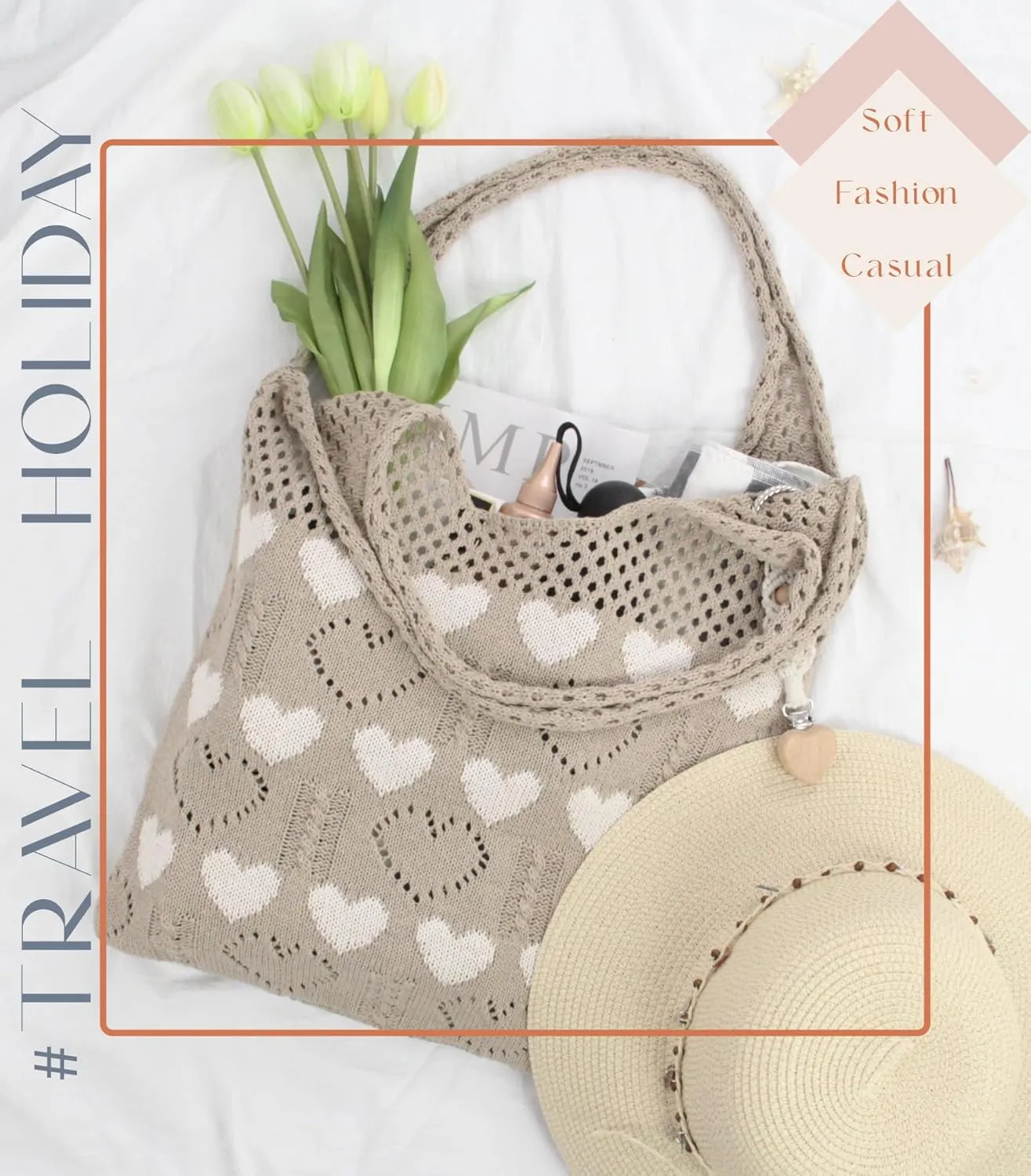 Crochet Tote Bag with Macrame Hat Clip for Travel Women Summer Beach Bag Aesthetic Knit Bag Cute Shoulder Bags