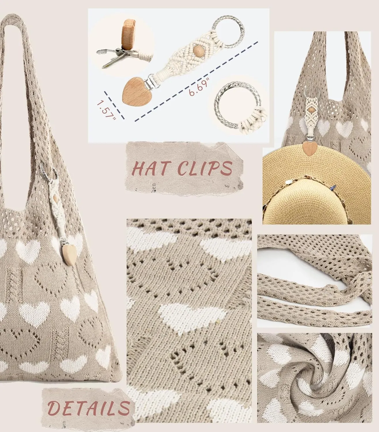 Crochet Tote Bag with Macrame Hat Clip for Travel Women Summer Beach Bag Aesthetic Knit Bag Cute Shoulder Bags