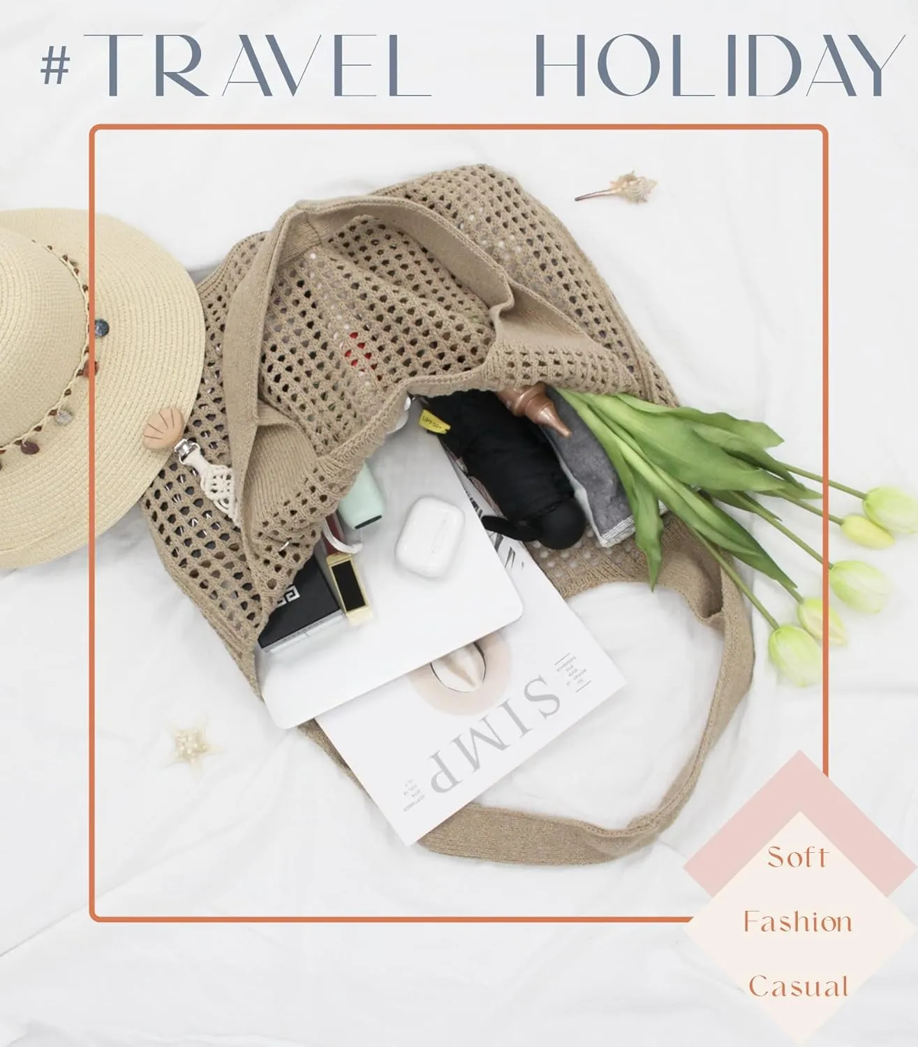 Crochet Tote Bag with Macrame Hat Clip for Travel Women Summer Beach Bag Aesthetic Knit Bag Cute Shoulder Bags