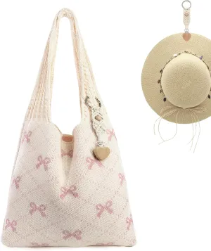 Crochet Tote Bag with Macrame Hat Clip for Travel Women Summer Beach Bag Aesthetic Knit Bag Cute Shoulder Bags