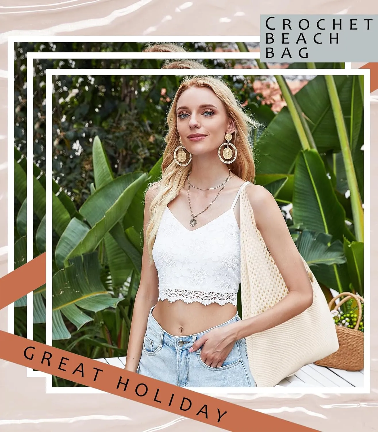 Crochet Tote Bag with Macrame Hat Clip for Travel Women Summer Beach Bag Aesthetic Knit Bag Cute Shoulder Bags