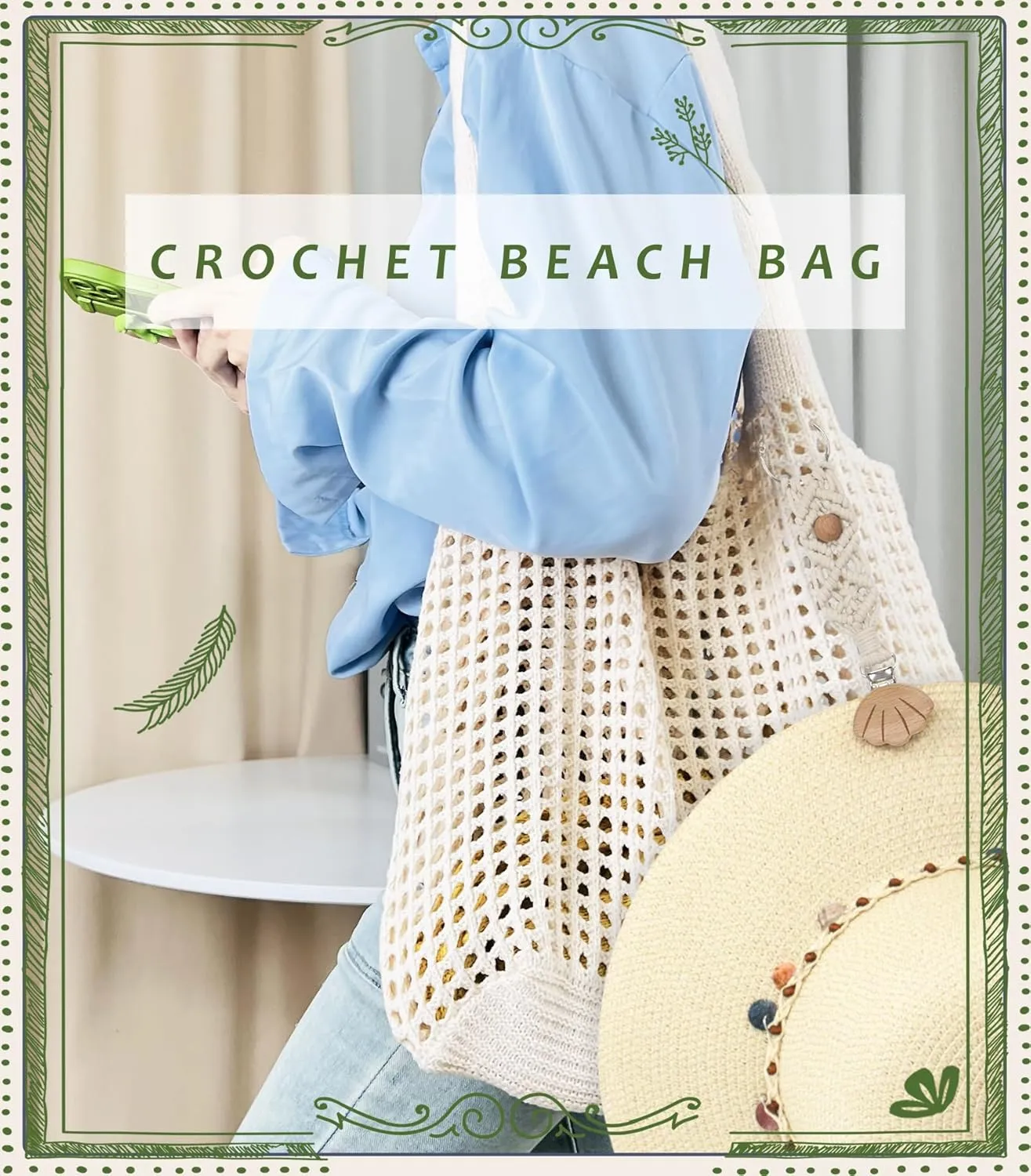 Crochet Tote Bag with Macrame Hat Clip for Travel Women Summer Beach Bag Aesthetic Knit Bag Cute Shoulder Bags