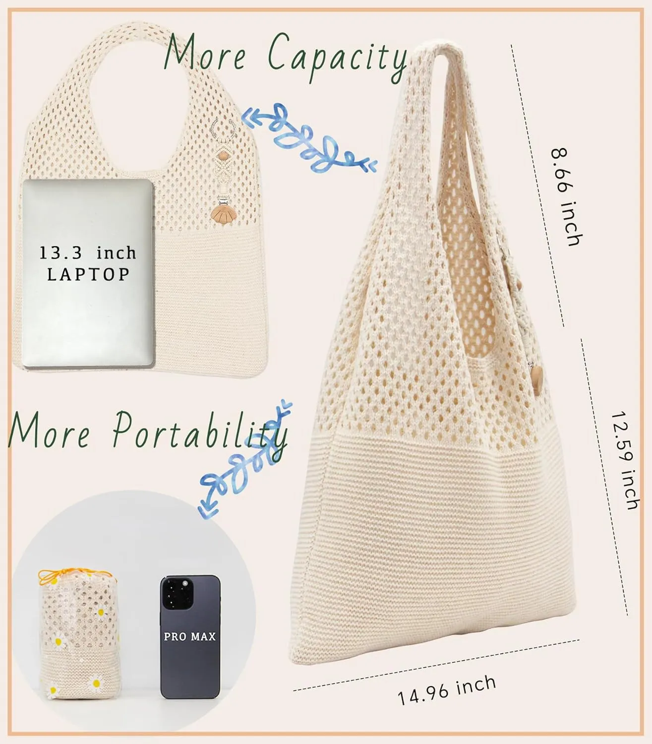 Crochet Tote Bag with Macrame Hat Clip for Travel Women Summer Beach Bag Aesthetic Knit Bag Cute Shoulder Bags