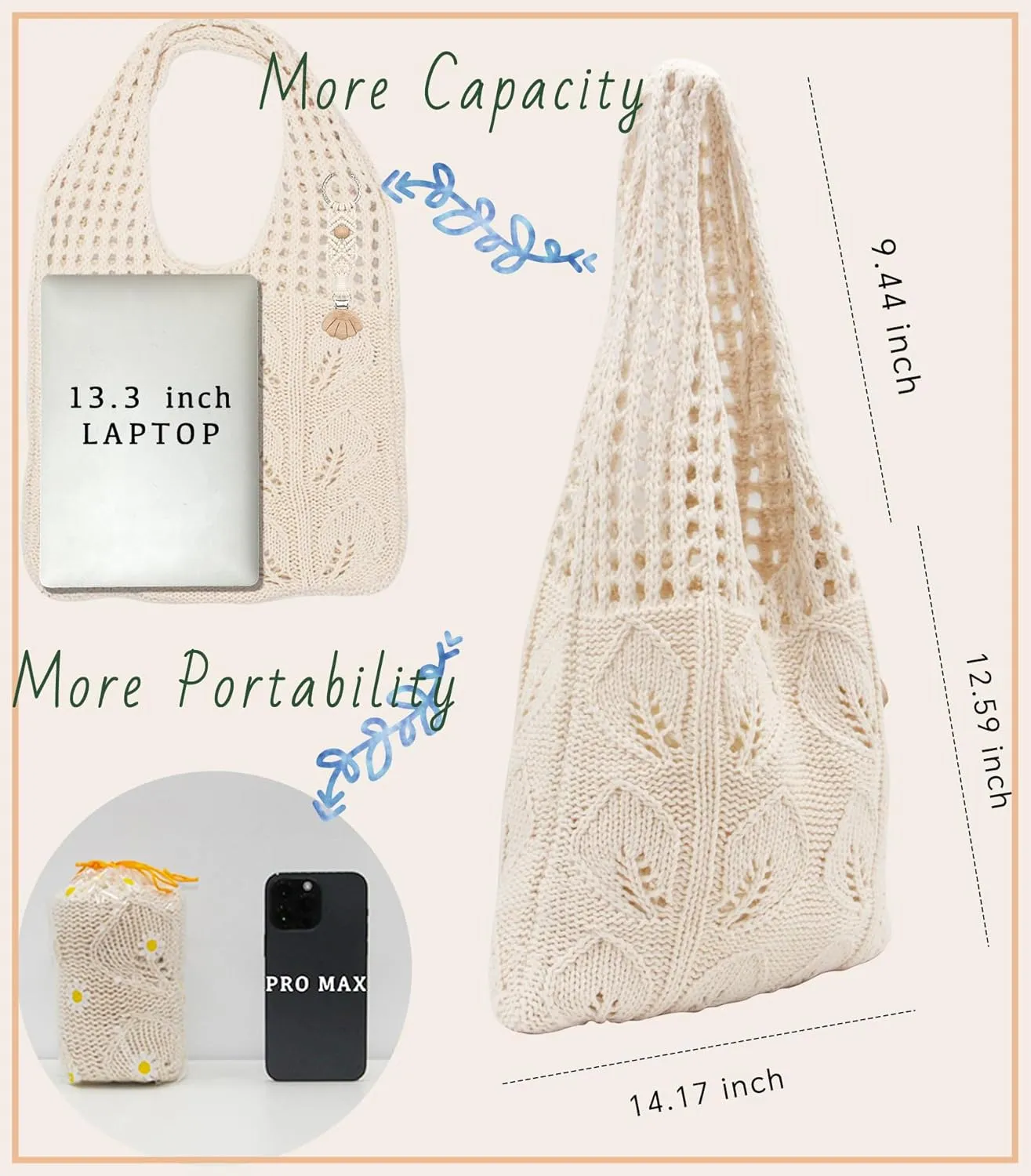 Crochet Tote Bag with Macrame Hat Clip for Travel Women Summer Beach Bag Aesthetic Knit Bag Cute Shoulder Bags