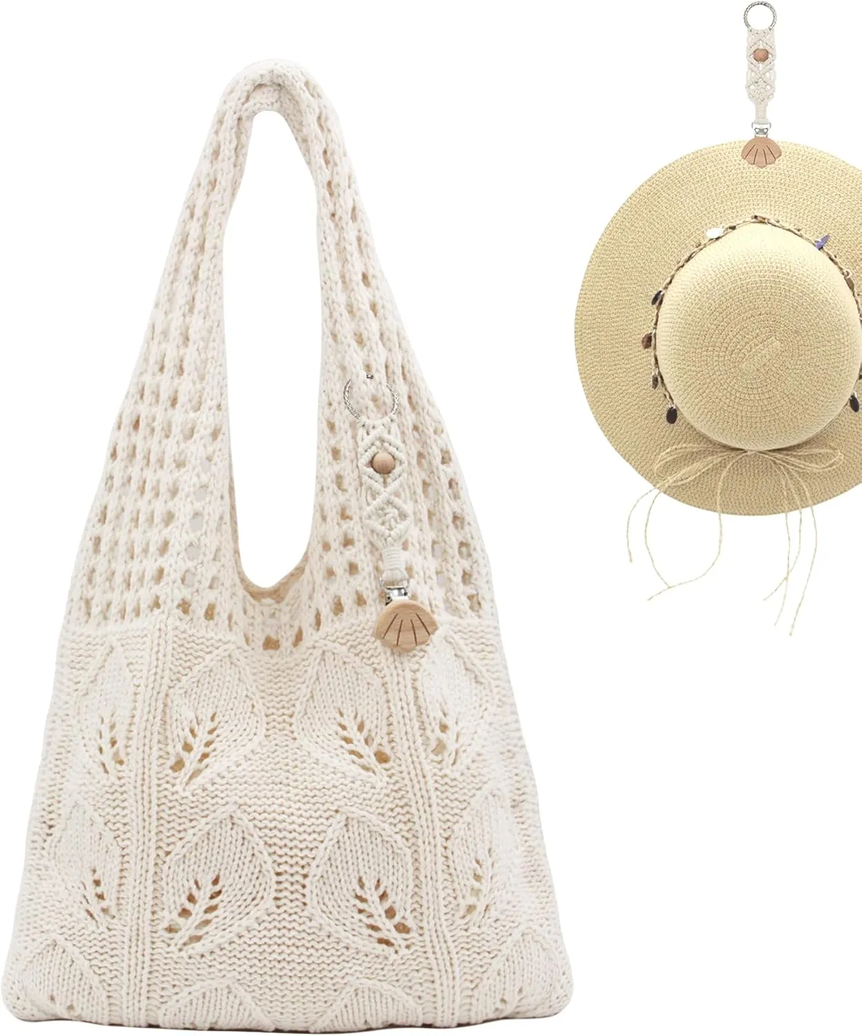 Crochet Tote Bag with Macrame Hat Clip for Travel Women Summer Beach Bag Aesthetic Knit Bag Cute Shoulder Bags