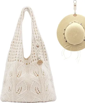 Crochet Tote Bag with Macrame Hat Clip for Travel Women Summer Beach Bag Aesthetic Knit Bag Cute Shoulder Bags