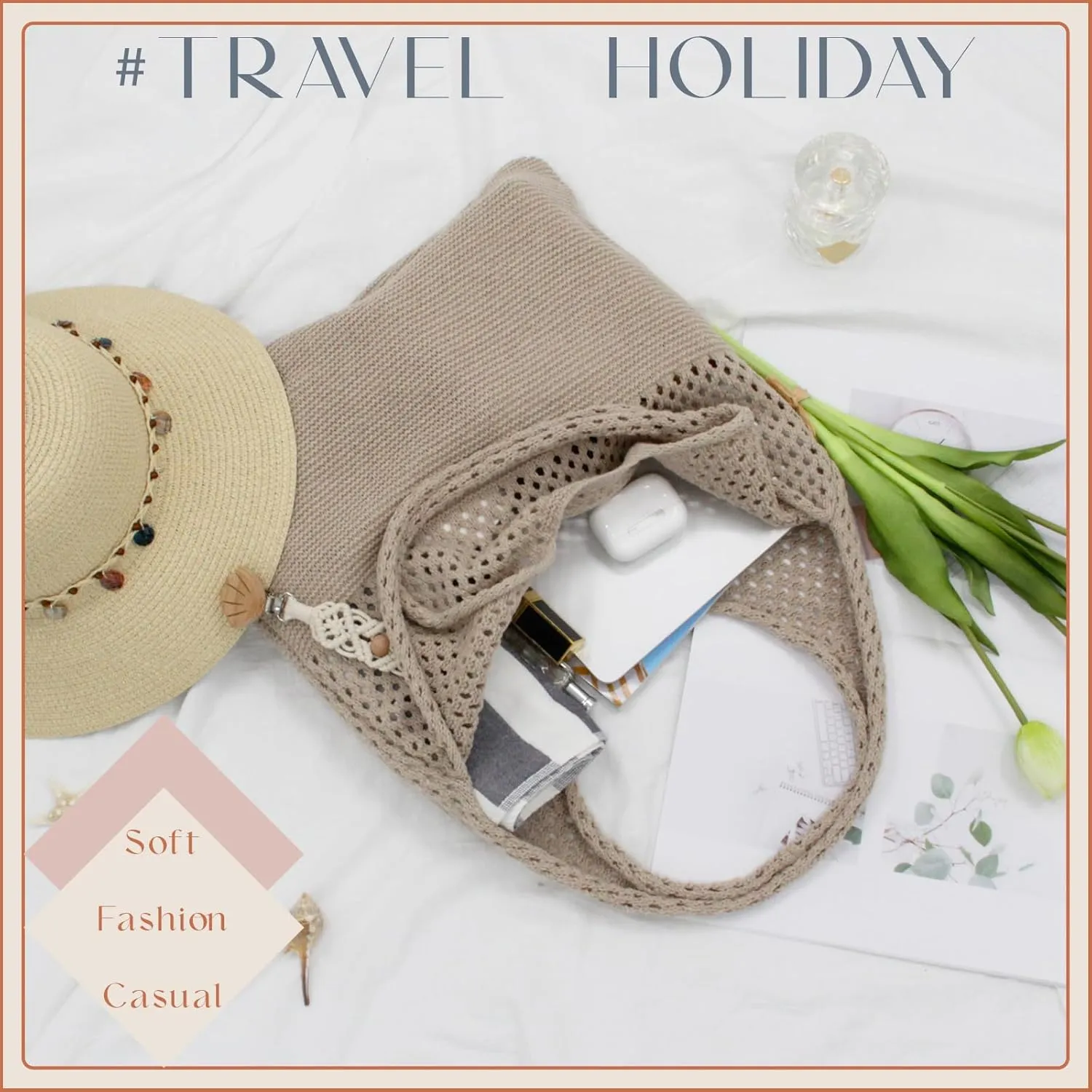 Crochet Tote Bag with Macrame Hat Clip for Travel Women Summer Beach Bag Aesthetic Knit Bag Cute Shoulder Bags