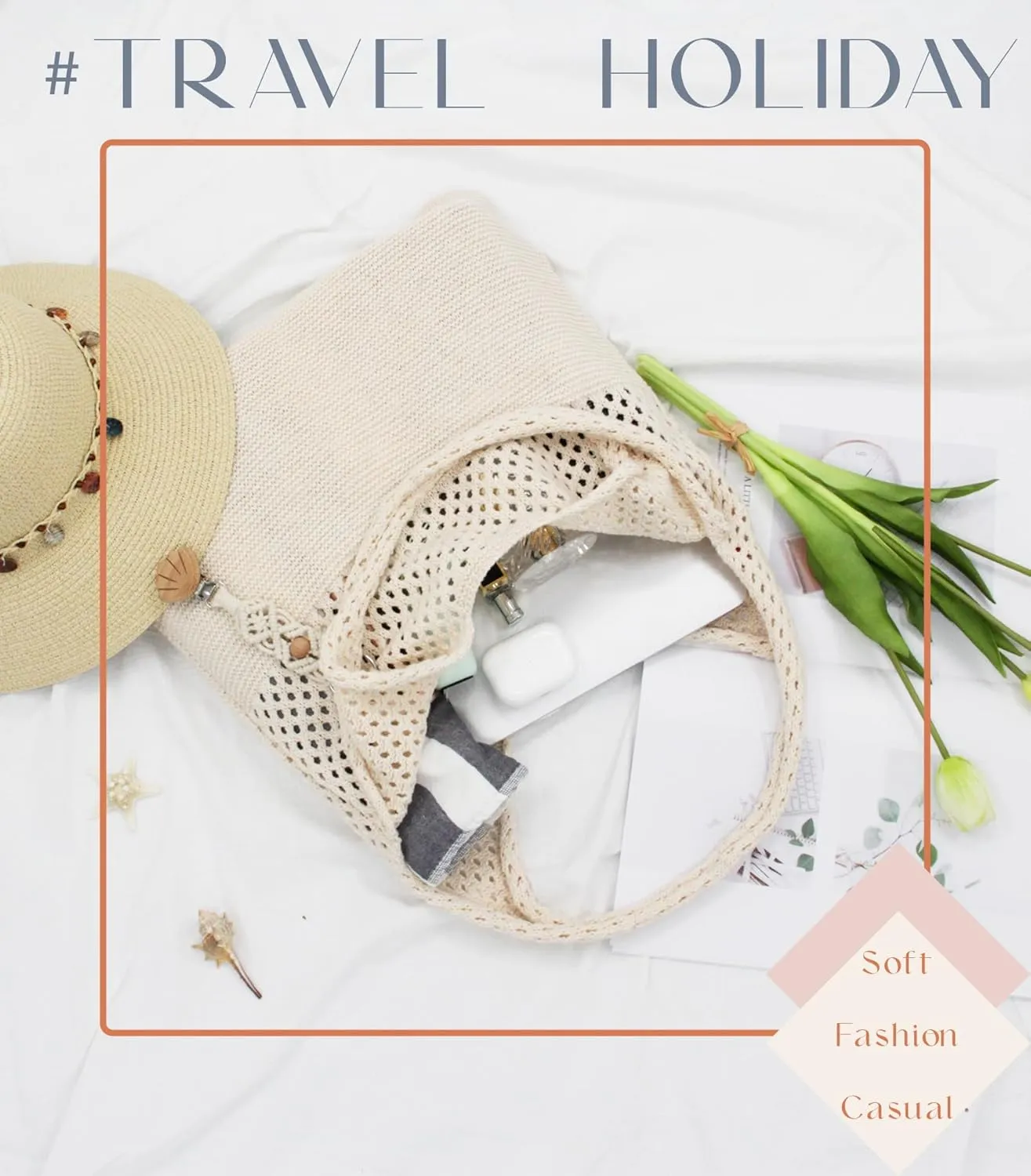 Crochet Tote Bag with Macrame Hat Clip for Travel Women Summer Beach Bag Aesthetic Knit Bag Cute Shoulder Bags