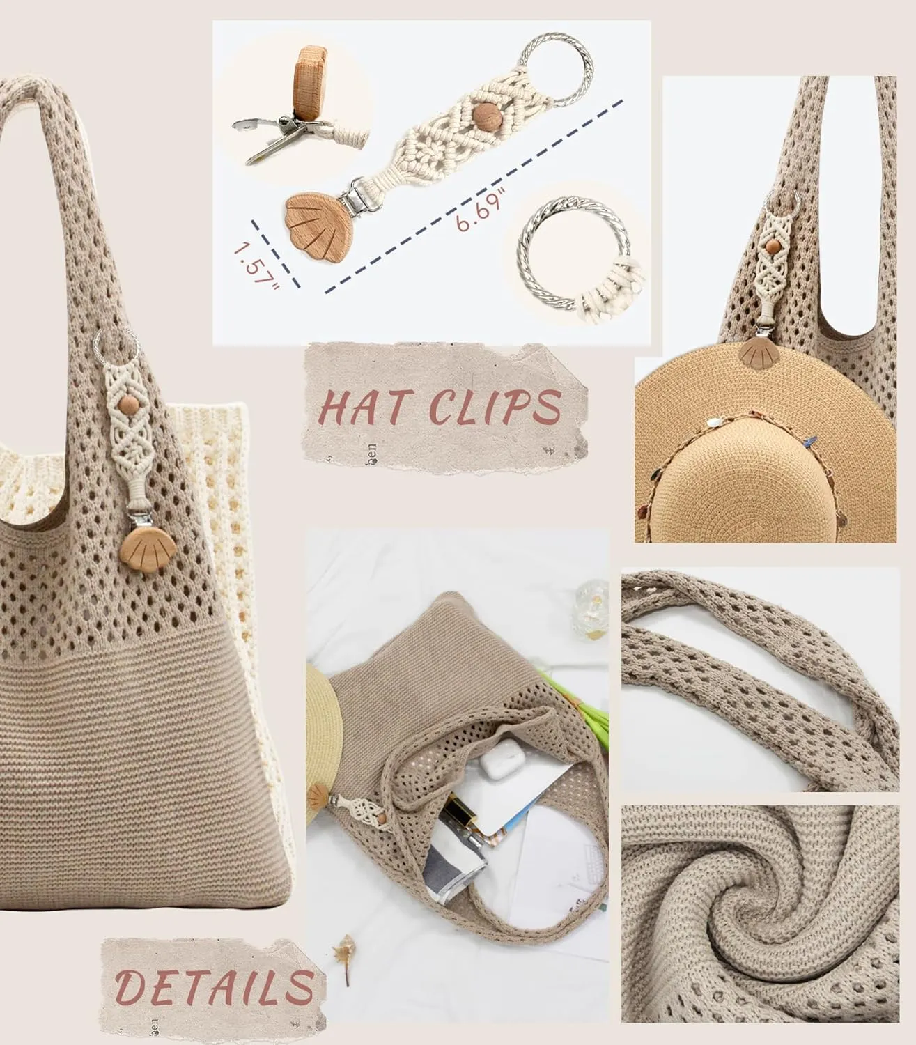 Crochet Tote Bag with Macrame Hat Clip for Travel Women Summer Beach Bag Aesthetic Knit Bag Cute Shoulder Bags