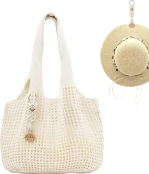 Crochet Tote Bag with Macrame Hat Clip for Travel Women Summer Beach Bag Aesthetic Knit Bag Cute Shoulder Bags