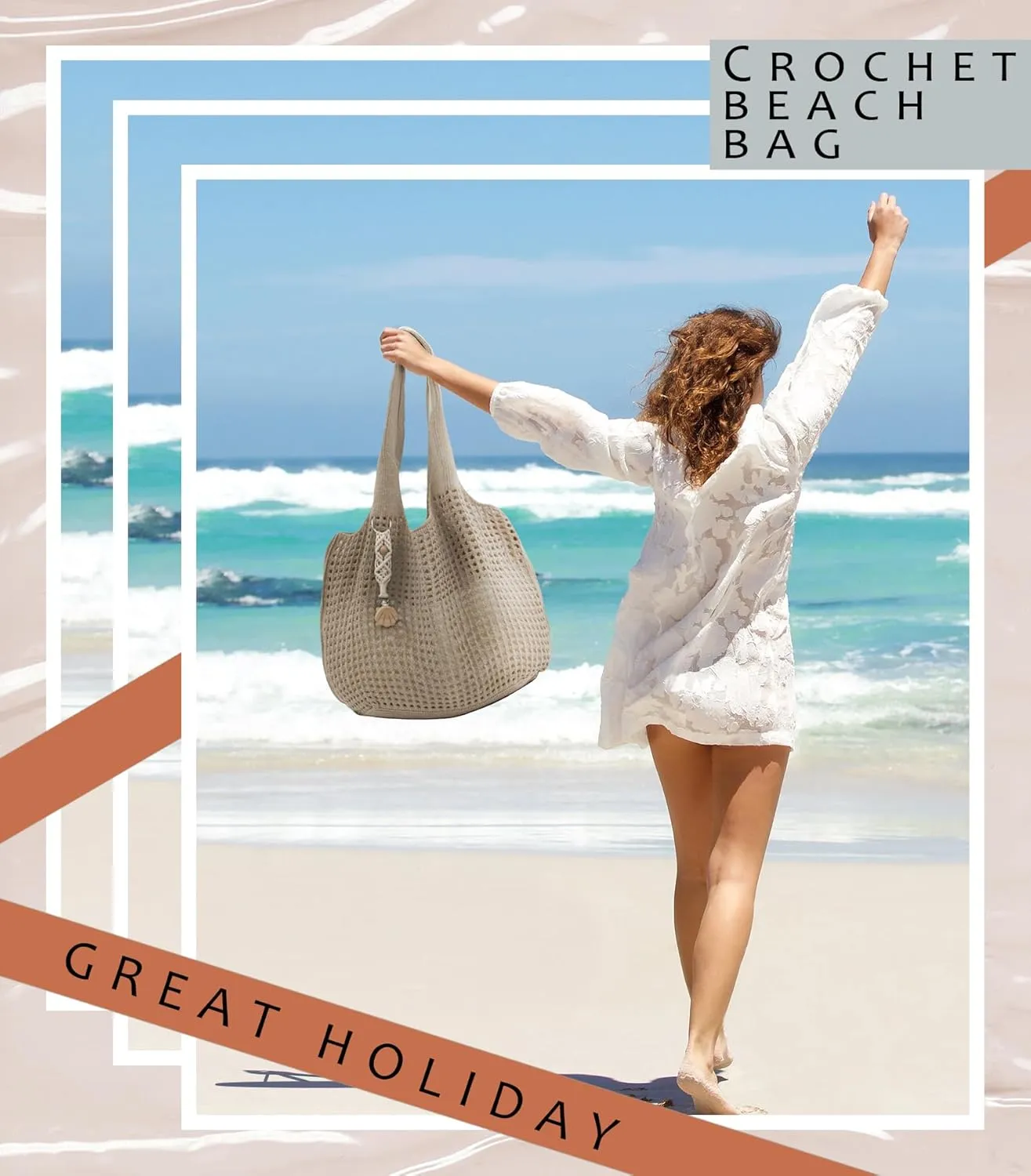 Crochet Tote Bag with Macrame Hat Clip for Travel Women Summer Beach Bag Aesthetic Knit Bag Cute Shoulder Bags