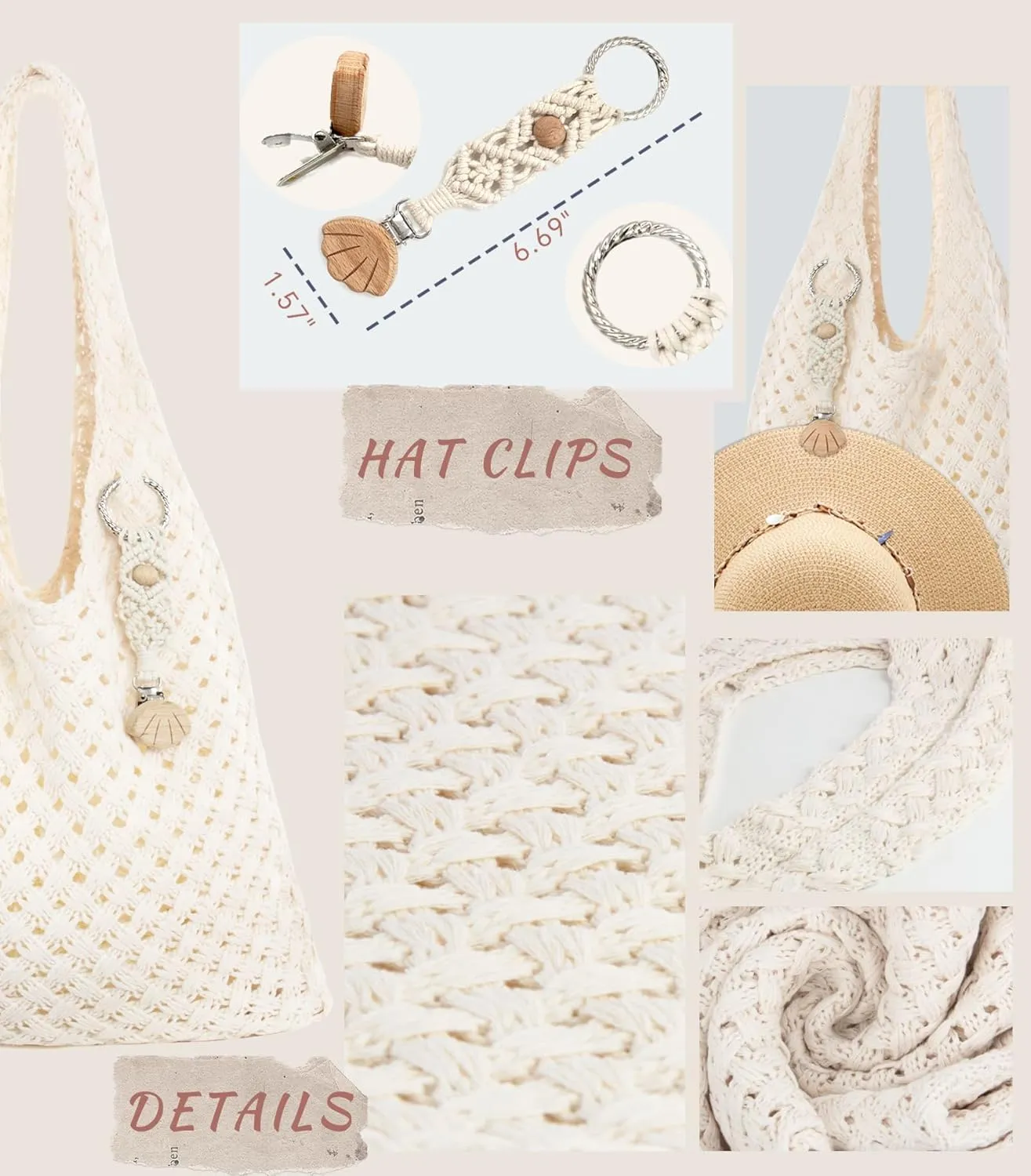 Crochet Tote Bag with Macrame Hat Clip for Travel Women Summer Beach Bag Aesthetic Knit Bag Cute Shoulder Bags