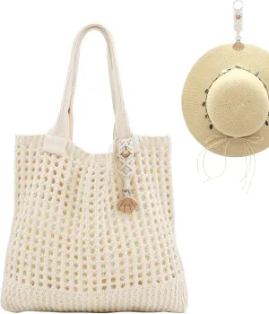 Crochet Tote Bag with Macrame Hat Clip for Travel Women Summer Beach Bag Aesthetic Knit Bag Cute Shoulder Bags