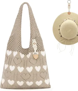 Crochet Tote Bag with Macrame Hat Clip for Travel Women Summer Beach Bag Aesthetic Knit Bag Cute Shoulder Bags