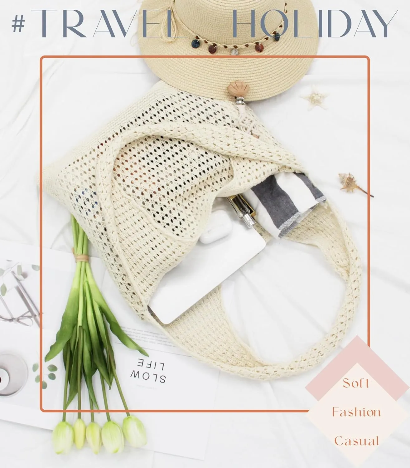 Crochet Tote Bag with Macrame Hat Clip for Travel Women Summer Beach Bag Aesthetic Knit Bag Cute Shoulder Bags