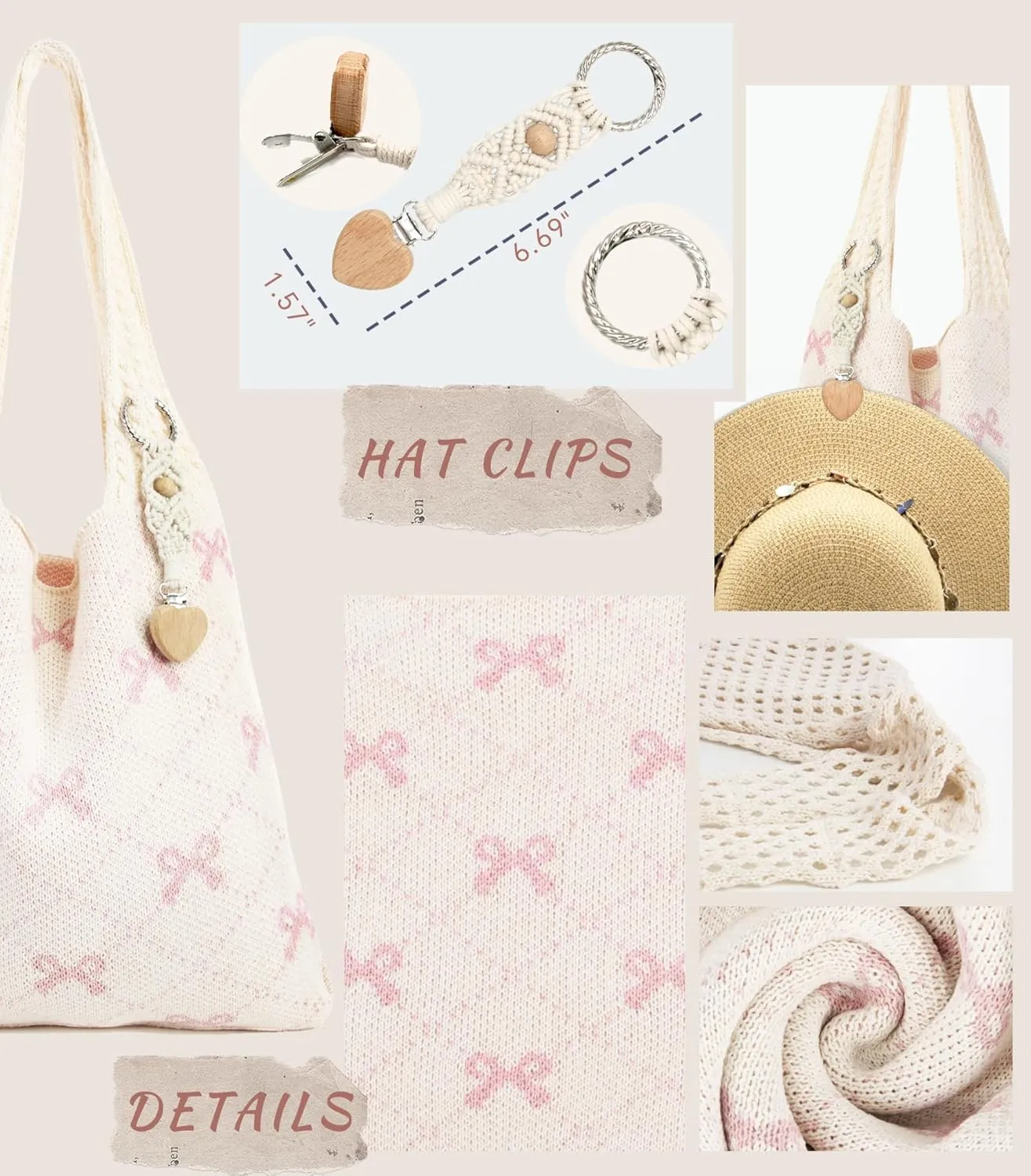 Crochet Tote Bag with Macrame Hat Clip for Travel Women Summer Beach Bag Aesthetic Knit Bag Cute Shoulder Bags