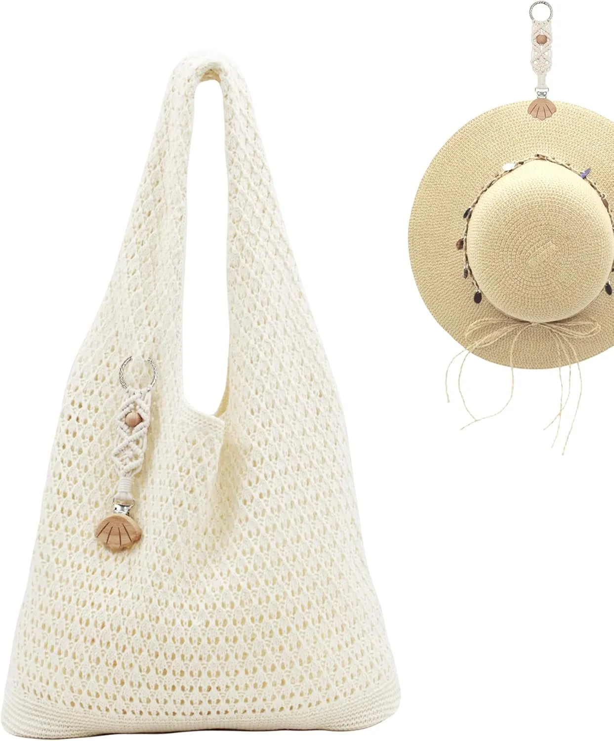 Crochet Tote Bag with Macrame Hat Clip for Travel Women Summer Beach Bag Aesthetic Knit Bag Cute Shoulder Bags