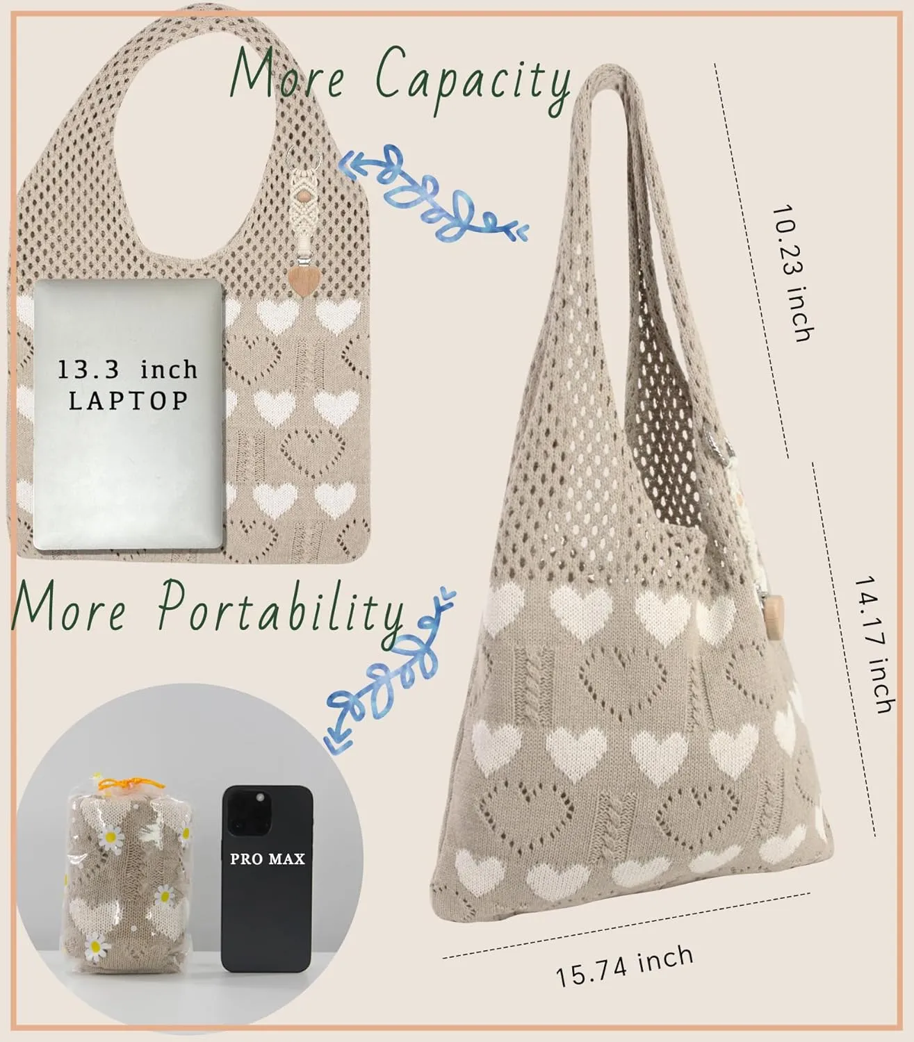 Crochet Tote Bag with Macrame Hat Clip for Travel Women Summer Beach Bag Aesthetic Knit Bag Cute Shoulder Bags