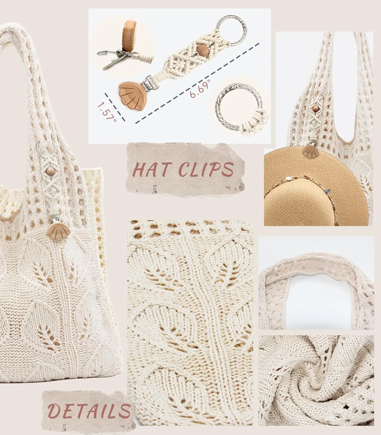 Crochet Tote Bag with Macrame Hat Clip for Travel Women Summer Beach Bag Aesthetic Knit Bag Cute Shoulder Bags