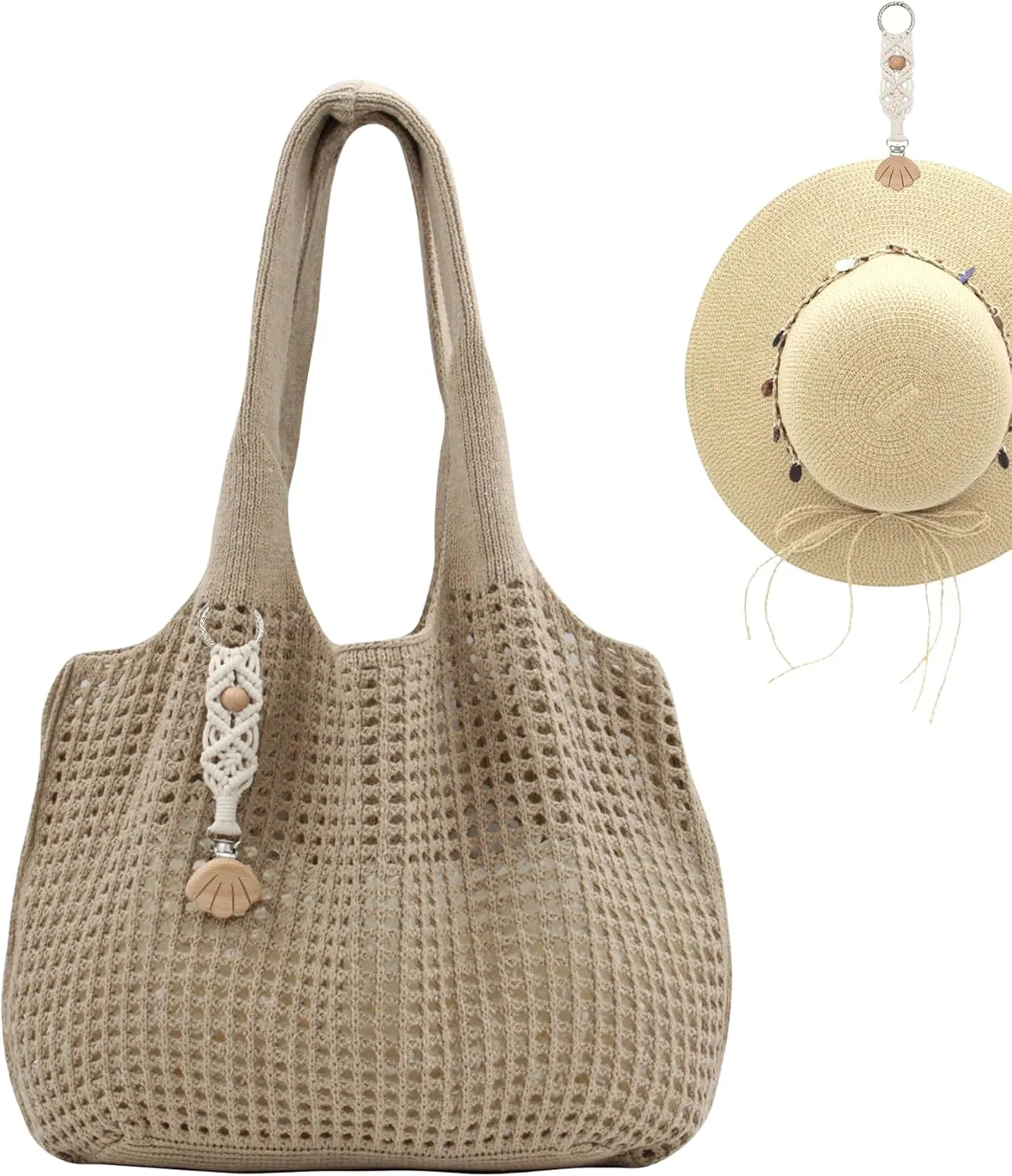 Crochet Tote Bag with Macrame Hat Clip for Travel Women Summer Beach Bag Aesthetic Knit Bag Cute Shoulder Bags