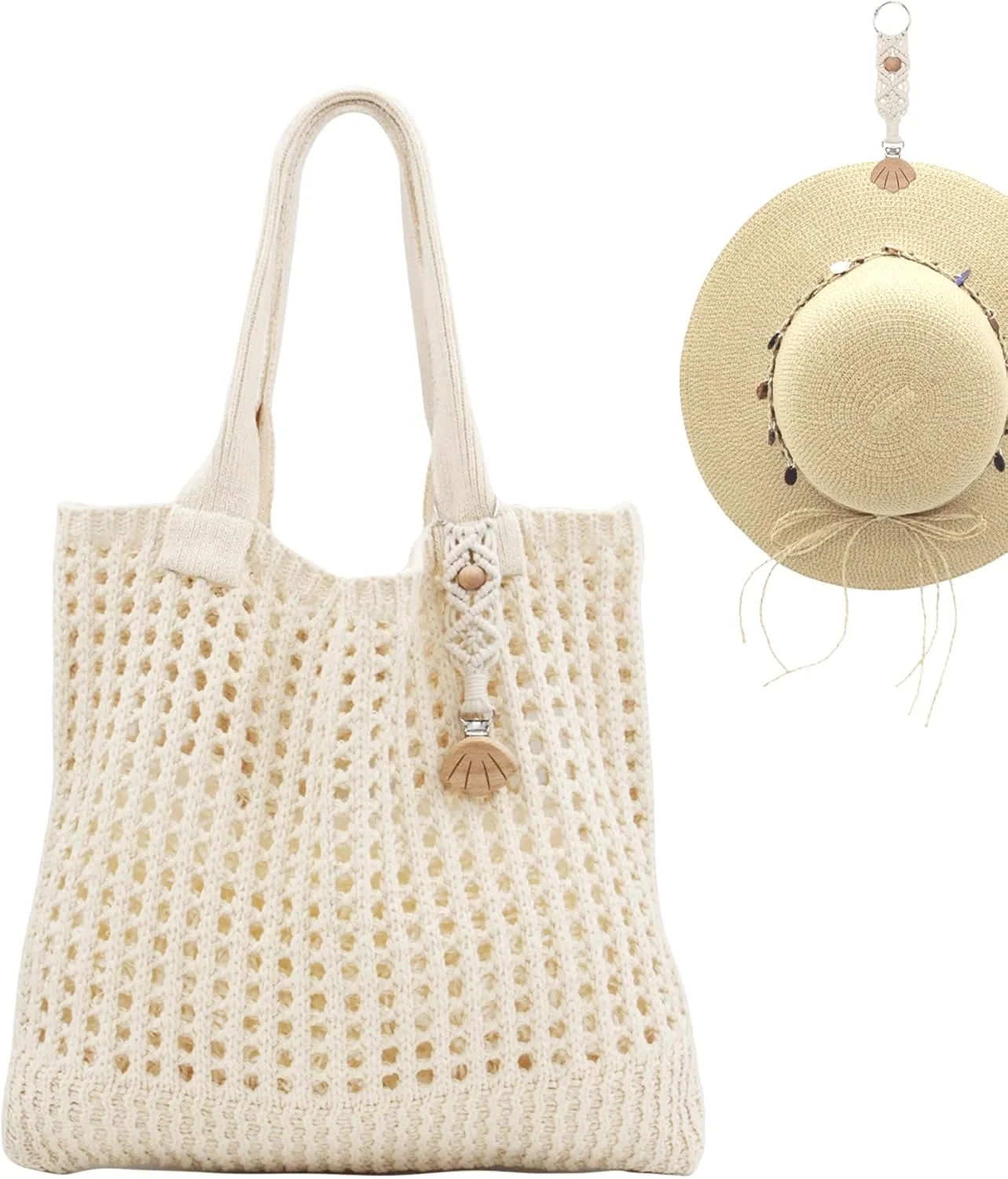 Crochet Tote Bag with Macrame Hat Clip for Travel Women Summer Beach Bag Aesthetic Knit Bag Cute Shoulder Bags