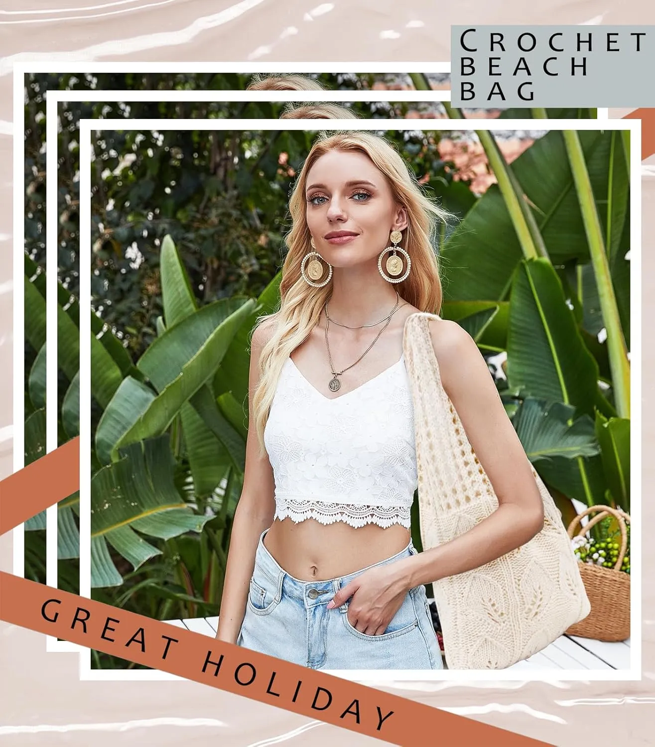 Crochet Tote Bag with Macrame Hat Clip for Travel Women Summer Beach Bag Aesthetic Knit Bag Cute Shoulder Bags