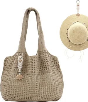 Crochet Tote Bag with Macrame Hat Clip for Travel Women Summer Beach Bag Aesthetic Knit Bag Cute Shoulder Bags