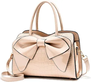 Crocodile Embossed Tote Bag, Bow Design Top Handle, Zipper Closure, Evening Party Crossbody Purse