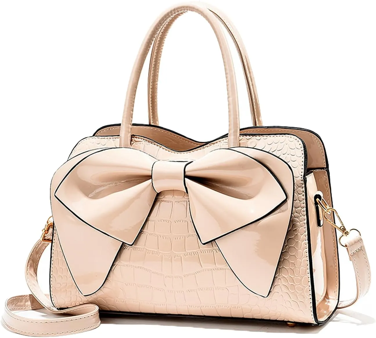 Crocodile Embossed Tote Bag, Bow Design Top Handle, Zipper Closure, Evening Party Crossbody Purse