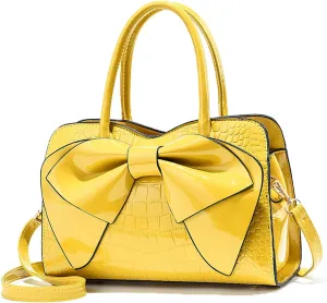 Crocodile Embossed Tote Bag, Bow Design Top Handle, Zipper Closure, Evening Party Crossbody Purse
