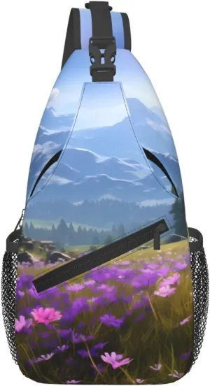 Cross Chest Bag Diagonally - Quality, Durable, and Spacious Shoulder Bag for Men and Women Nature Purple Flowers Meadow Mountain Scenic Printing