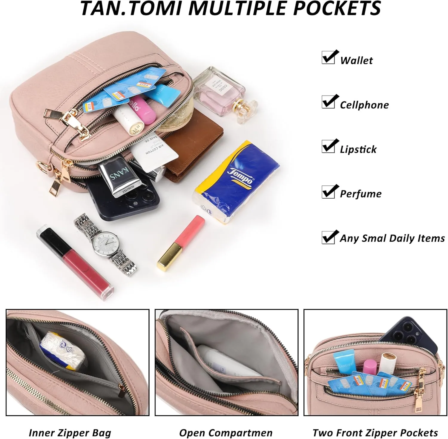 Crossbody Bags for Women, 6-Pockets Purses for Women, Vegan Leather Handbags Shoulder Bag for Travel Shopping