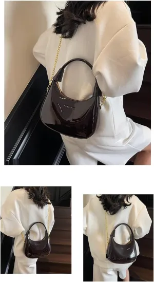 Crossbody Crescent Bag For Women,Trendy Cute Shoulder Bag with Glossy Finish & Chain Strap for Shopping and Dating