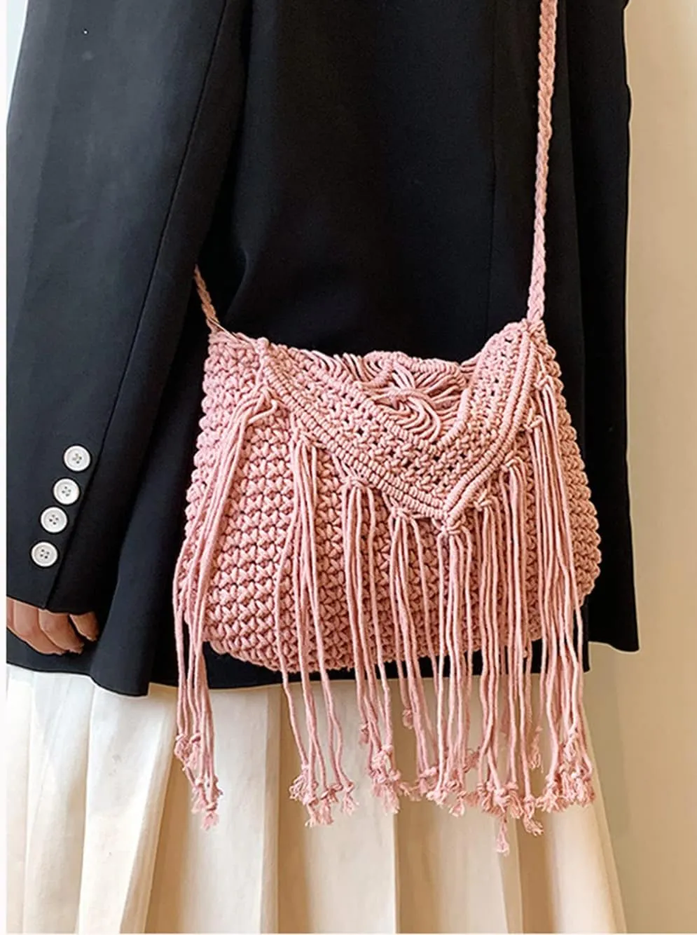 Crossbody Purse for Women Cute Macrame Hobo Satchel Bags Knit Summer Beach Bag Tassels Shoulder Crochet Tote Handbag