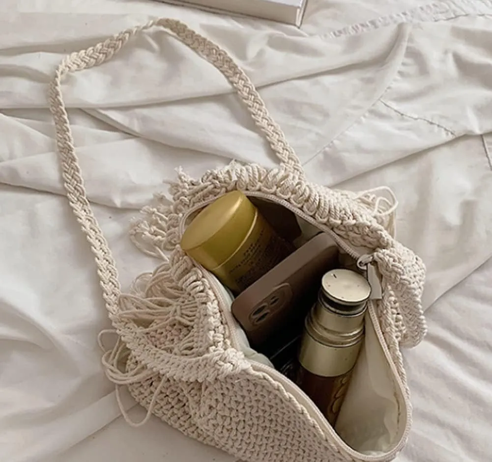 Crossbody Purse for Women Cute Macrame Hobo Satchel Bags Knit Summer Beach Bag Tassels Shoulder Crochet Tote Handbag