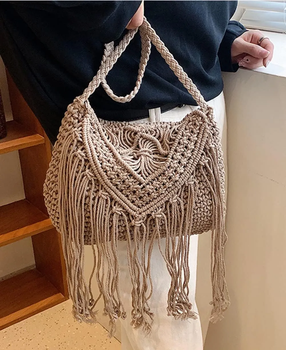 Crossbody Purse for Women Cute Macrame Hobo Satchel Bags Knit Summer Beach Bag Tassels Shoulder Crochet Tote Handbag