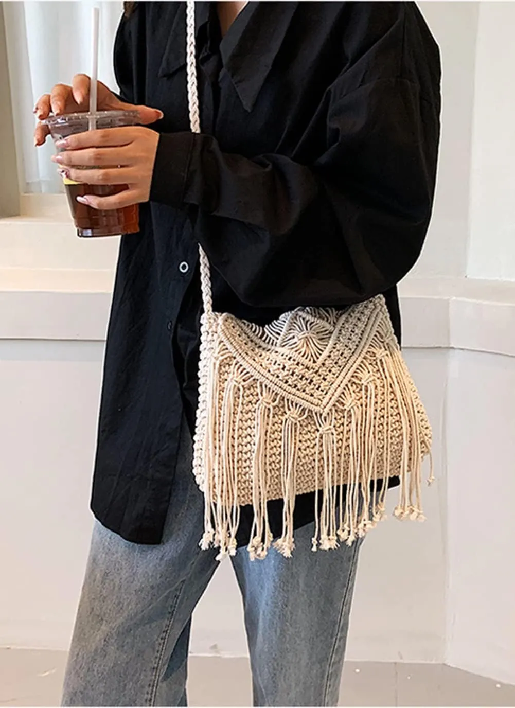 Crossbody Purse for Women Cute Macrame Hobo Satchel Bags Knit Summer Beach Bag Tassels Shoulder Crochet Tote Handbag