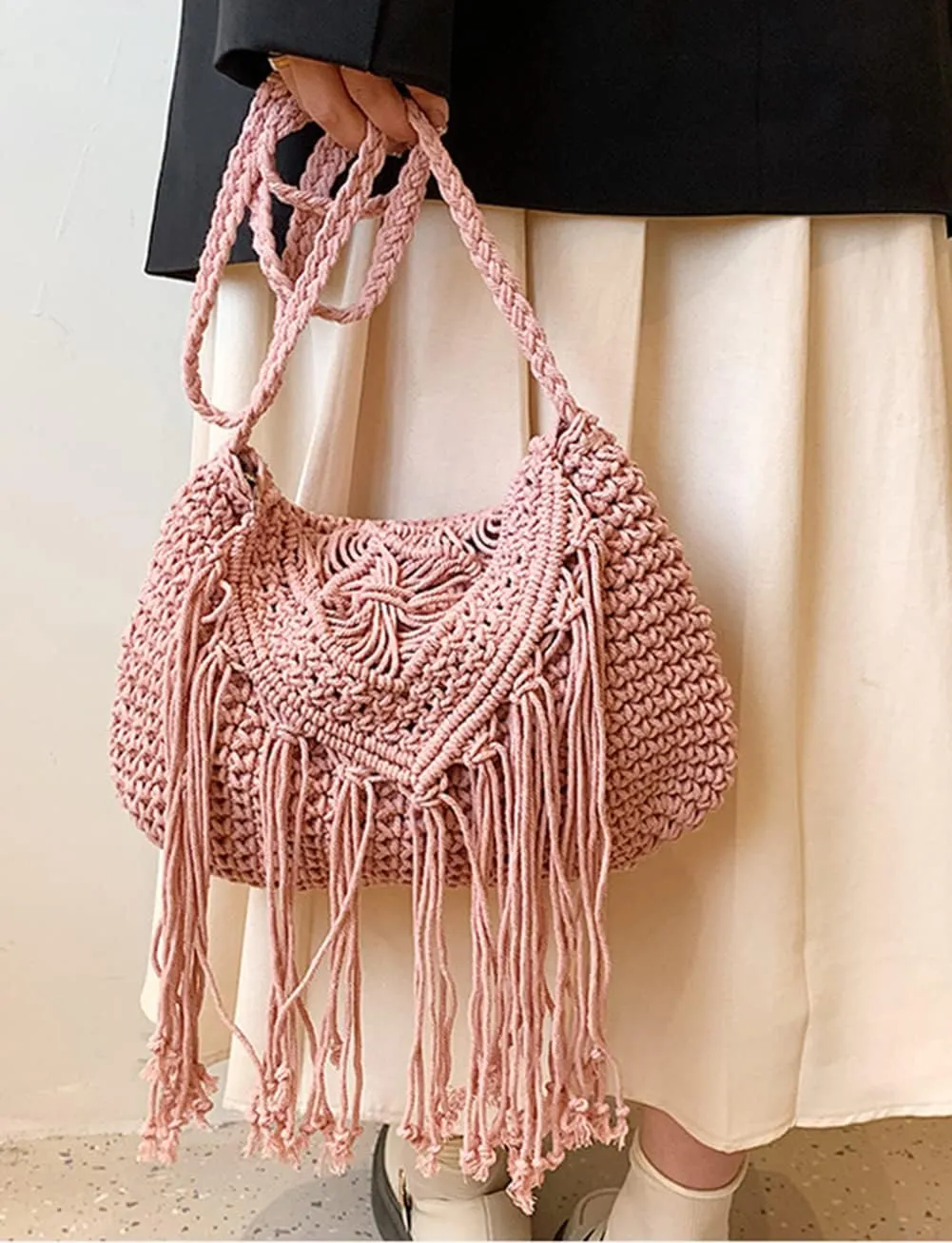 Crossbody Purse for Women Cute Macrame Hobo Satchel Bags Knit Summer Beach Bag Tassels Shoulder Crochet Tote Handbag