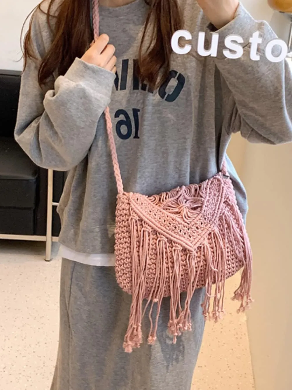 Crossbody Purse for Women Cute Macrame Hobo Satchel Bags Knit Summer Beach Bag Tassels Shoulder Crochet Tote Handbag
