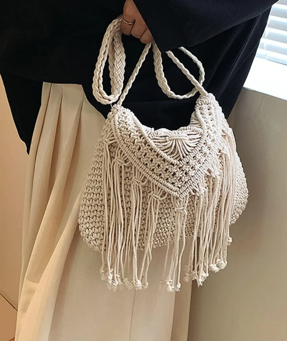Crossbody Purse for Women Cute Macrame Hobo Satchel Bags Knit Summer Beach Bag Tassels Shoulder Crochet Tote Handbag