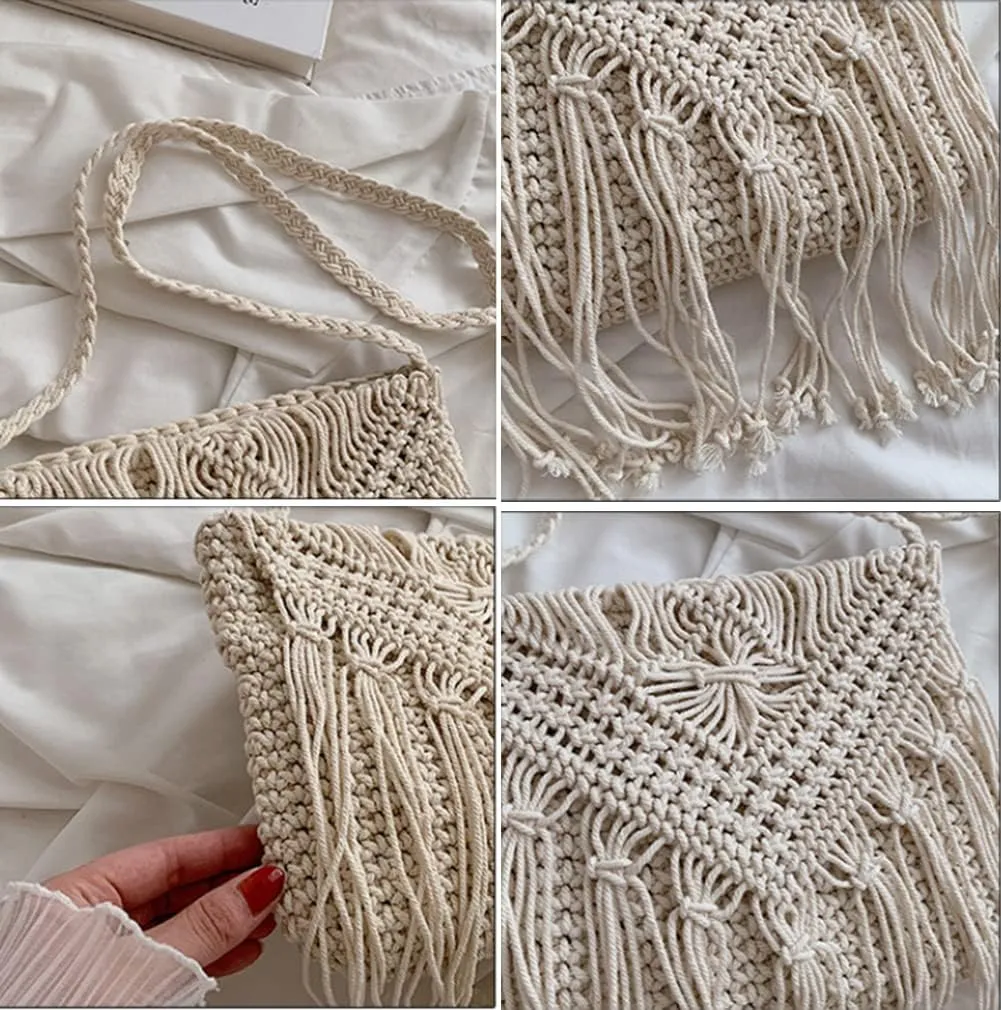 Crossbody Purse for Women Cute Macrame Hobo Satchel Bags Knit Summer Beach Bag Tassels Shoulder Crochet Tote Handbag