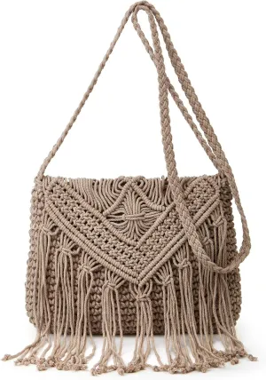 Crossbody Purse for Women Cute Macrame Hobo Satchel Bags Knit Summer Beach Bag Tassels Shoulder Crochet Tote Handbag