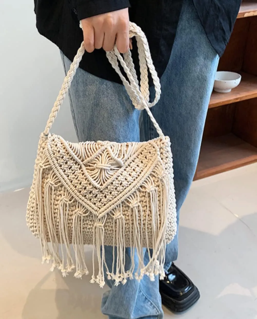 Crossbody Purse for Women Cute Macrame Hobo Satchel Bags Knit Summer Beach Bag Tassels Shoulder Crochet Tote Handbag