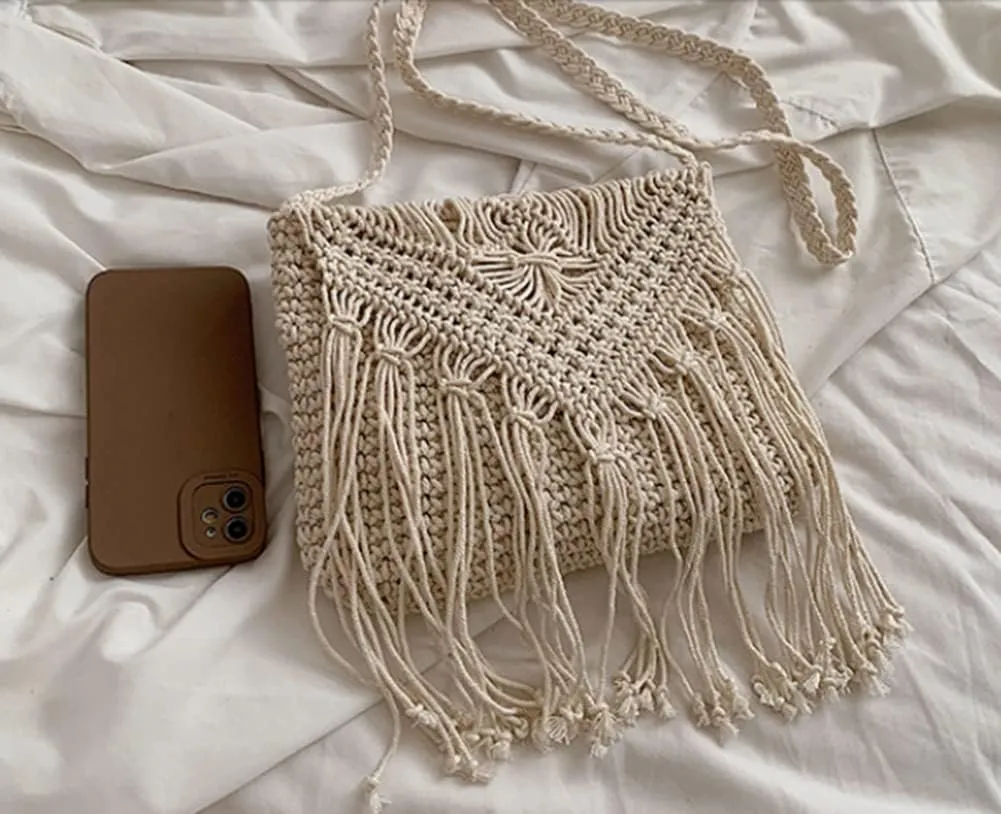 Crossbody Purse for Women Cute Macrame Hobo Satchel Bags Knit Summer Beach Bag Tassels Shoulder Crochet Tote Handbag