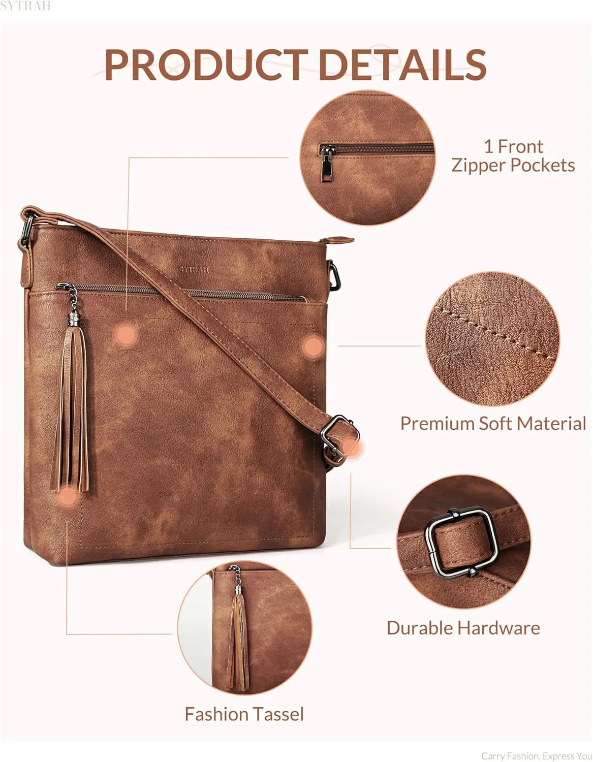 Crossbody Purses for Women, Premium Vagan Leather Crossbody Bag, Adjustable Strap Lightweight Shoulder Bag with Tassel