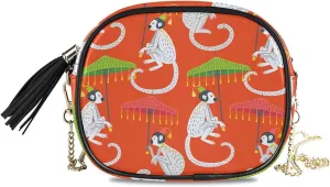 Crossbody Shoulder Bag Chinoiserie Monkey with Umbrella Small PU Leather Handbag with Tassel Zipper