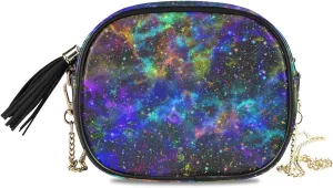 Crossbody Shoulder Bag Colorful Universe Nebula Starry Small PU Leather Handbag with Tassel Zipper